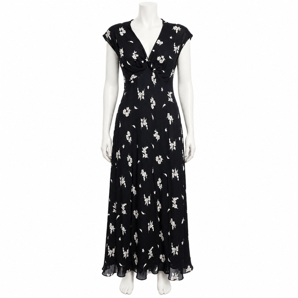 Jones Wear Dress Black White Floral Flower Print Midi V Neck Career Party Size 8